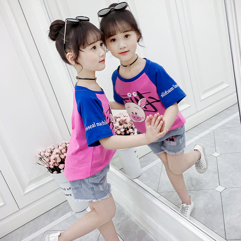 Girls short-sleeved T-shirt 2024 new summer clothes for children, middle and large children, fashionable T-shirt pullover knitted cotton sweater tops