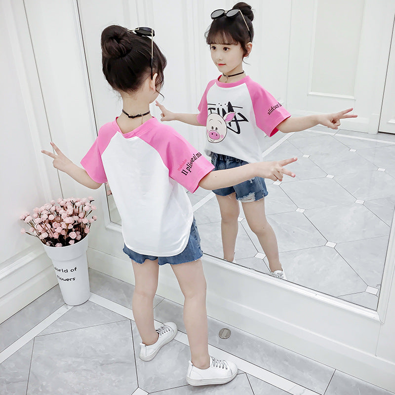 Girls short-sleeved T-shirt 2024 new summer clothes for children, middle and large children, fashionable T-shirt pullover knitted cotton sweater tops