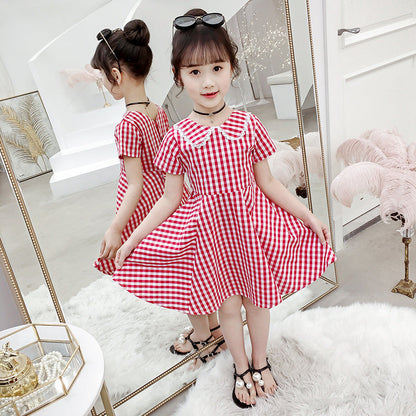 Girls Dress 2024 New Summer Sleeve Short Sleeve Plaid Skirt Fashionable Girl Fashion Ladies Lapel Cotton Skirt