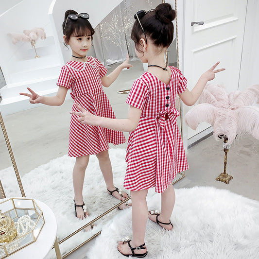 Girls Dress 2024 New Summer Sleeve Short Sleeve Plaid Skirt Fashionable Girl Fashion Ladies Lapel Cotton Skirt