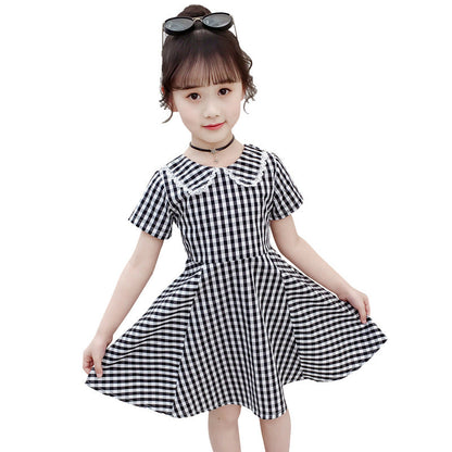 Girls Dress 2024 New Summer Sleeve Short Sleeve Plaid Skirt Fashionable Girl Fashion Ladies Lapel Cotton Skirt