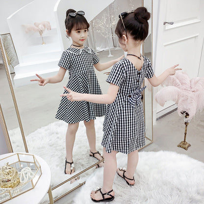 Girls Dress 2024 New Summer Sleeve Short Sleeve Plaid Skirt Fashionable Girl Fashion Ladies Lapel Cotton Skirt