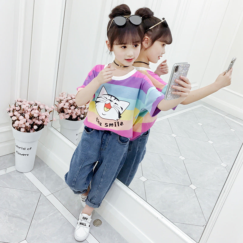 Girls short-sleeved T-shirt 2024 new summer clothes for children, middle and large children, fashionable T-shirt pullover knitted cotton sweater tops