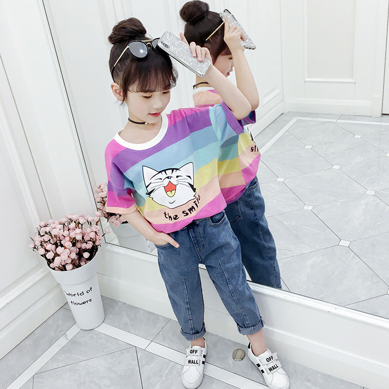 Girls short-sleeved T-shirt 2024 new summer clothes for children, middle and large children, fashionable T-shirt pullover knitted cotton sweater tops