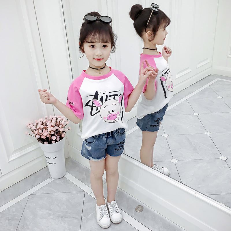 Girls short-sleeved T-shirt 2024 new summer clothes for children, middle and large children, fashionable T-shirt pullover knitted cotton sweater tops