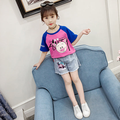 Girls short-sleeved T-shirt 2024 new summer clothes for children, middle and large children, fashionable T-shirt pullover knitted cotton sweater tops