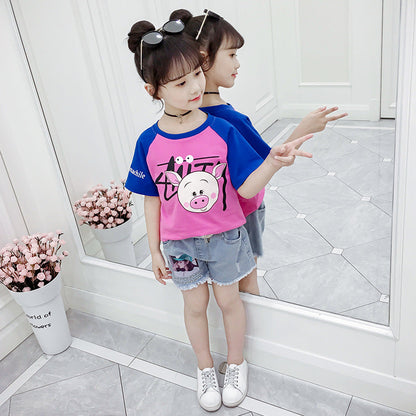 Girls short-sleeved T-shirt 2024 new summer clothes for children, middle and large children, fashionable T-shirt pullover knitted cotton sweater tops