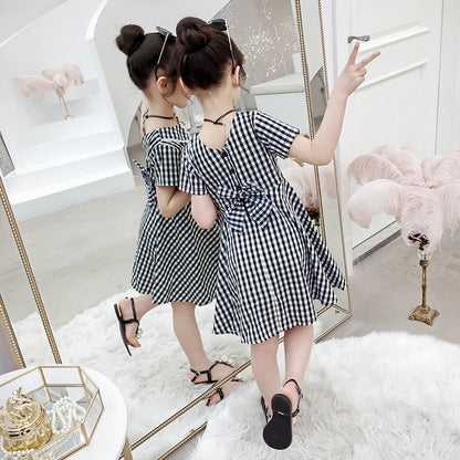 Girls Dress 2024 New Summer Sleeve Short Sleeve Plaid Skirt Fashionable Girl Fashion Ladies Lapel Cotton Skirt