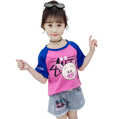 Girls short-sleeved T-shirt 2024 new summer clothes for children, middle and large children, fashionable T-shirt pullover knitted cotton sweater tops