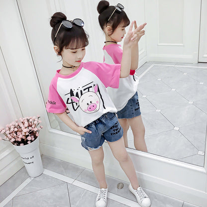 Girls short-sleeved T-shirt 2024 new summer clothes for children, middle and large children, fashionable T-shirt pullover knitted cotton sweater tops