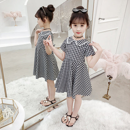 Girls Dress 2024 New Summer Sleeve Short Sleeve Plaid Skirt Fashionable Girl Fashion Ladies Lapel Cotton Skirt