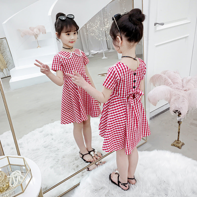 Girls Dress 2024 New Summer Sleeve Short Sleeve Plaid Skirt Fashionable Girl Fashion Ladies Lapel Cotton Skirt