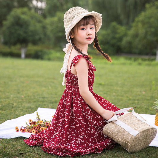 Girls chiffon dress 2024 new summer dress stylish medium-long beach children's medium and large children's off-shoulder floral dress