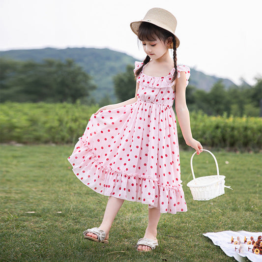 Girls chiffon dress 2024 new summer dress stylish medium-long beach children's medium and large children's off-shoulder floral dress