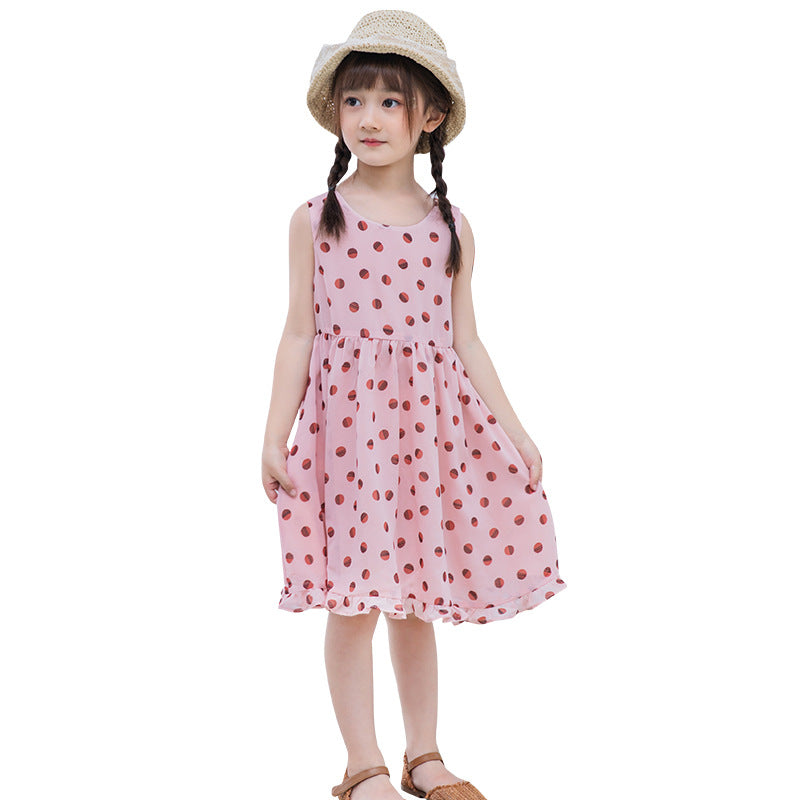 Girls chiffon dress 2024 new summer dress stylish medium-long beach children's medium and large children's off-shoulder suspender dress