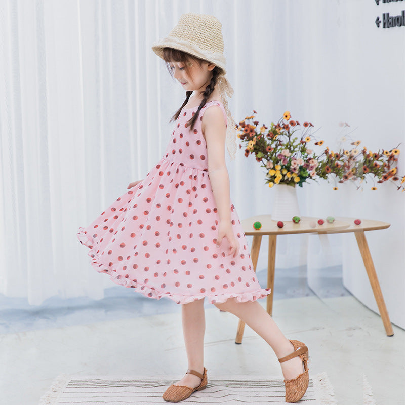 Girls chiffon dress 2024 new summer dress stylish medium-long beach children's medium and large children's off-shoulder suspender dress