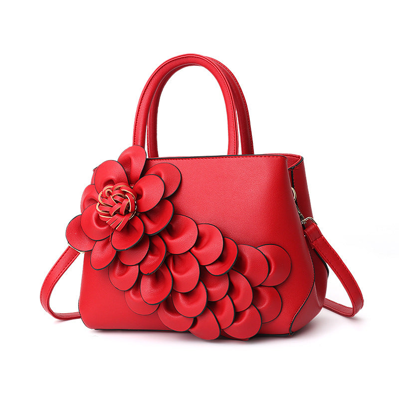 New 2024 autumn and winter new style college style women's bag leather flower handbag shoulder bag cute bag one piece 