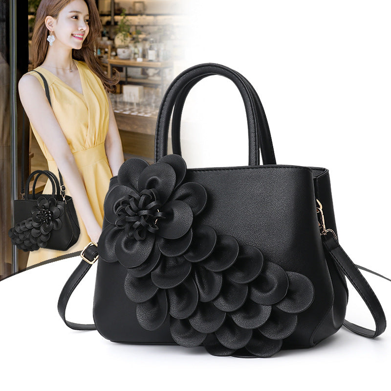 New 2024 autumn and winter new style college style women's bag leather flower handbag shoulder bag cute bag one piece 