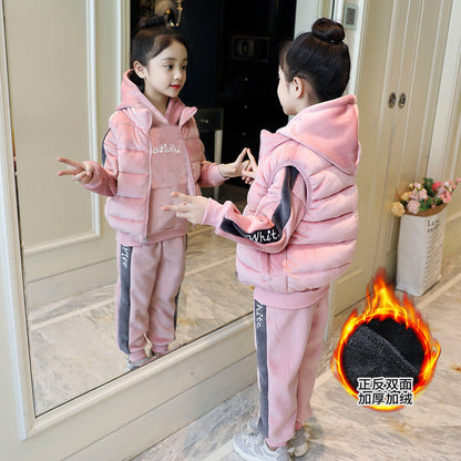 Boys and girls stylish suits 2024 new winter vest tops and pants plus velvet thickened small, medium and large children's three-piece suit