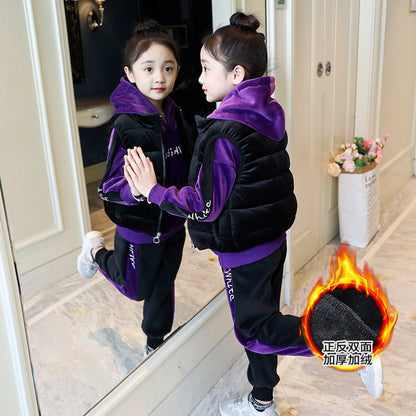 Boys and girls stylish suits 2024 new winter vest tops and pants plus velvet thickened small, medium and large children's three-piece suit