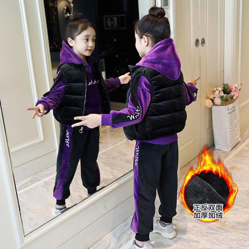 Boys and girls stylish suits 2024 new winter vest tops and pants plus velvet thickened small, medium and large children's three-piece suit