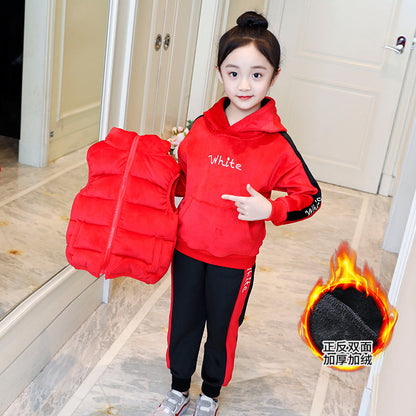 Boys and girls stylish suits 2024 new winter vest tops and pants plus velvet thickened small, medium and large children's three-piece suit