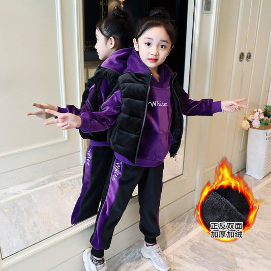 Boys and girls stylish suits 2024 new winter vest tops and pants plus velvet thickened small, medium and large children's three-piece suit