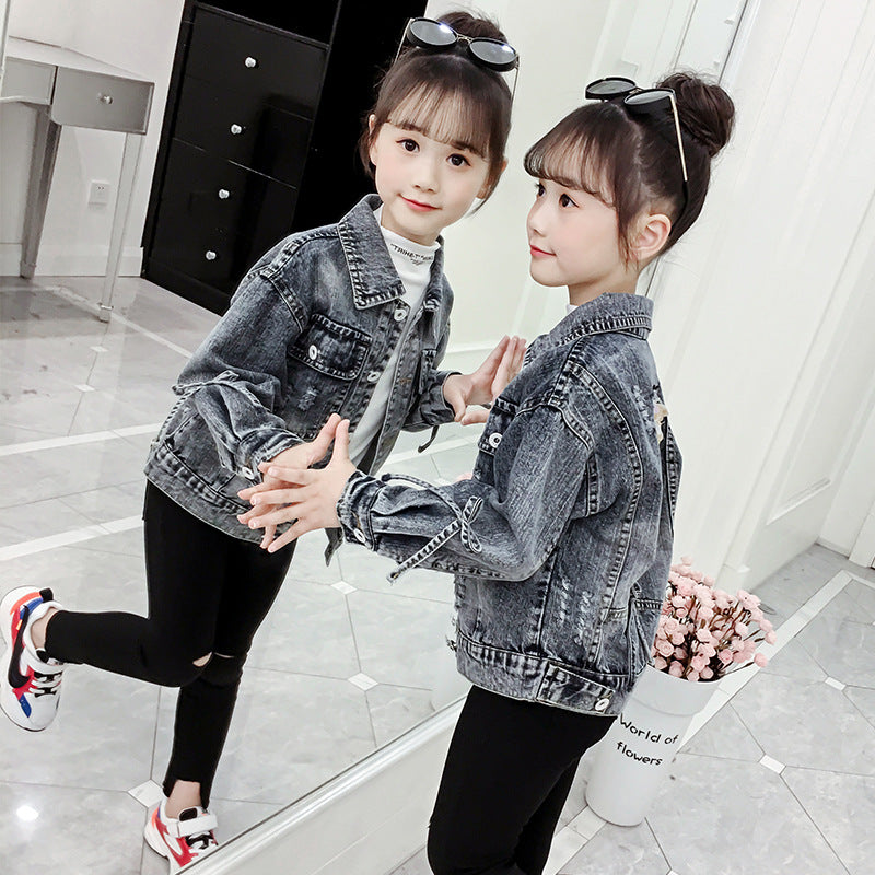 Girls denim jacket 2024 new spring and autumn children's middle and large children's stylish windbreaker medium and long cardigan top trend