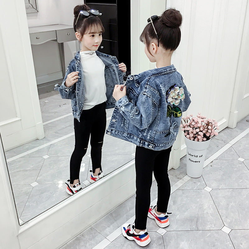 Girls denim jacket 2024 new spring and autumn children's middle and large children's stylish windbreaker medium and long cardigan top trend