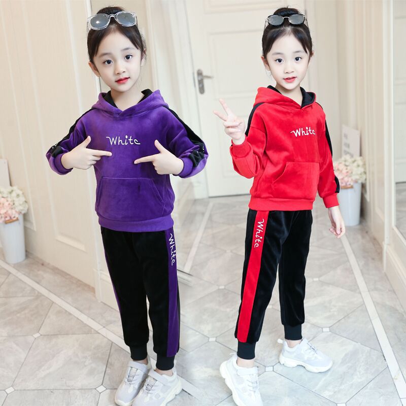 Girls plus velvet suit 2024 new winter clothes stylish children's medium and large children's thickened fashionable hooded two-piece suit trendy