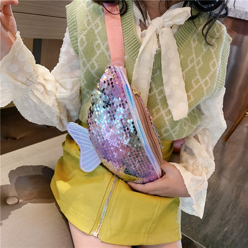 Korean Fashion Children's Waist Bag 2024 New Sequin Children's Chest Bag Cute Fishtail Children's Small Shoulder Bag Wholesale 