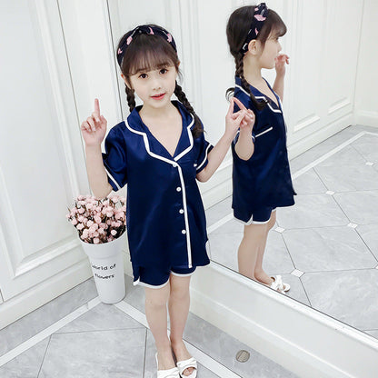 Boys and girls pajamas 2024 new summer imitation silk stylish suit home clothes cardigan short-sleeved shorts two-piece suit