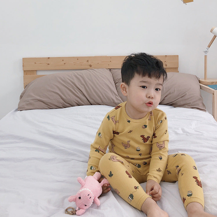 Children's autumn and winter cartoon wool pull rack home clothes baby round neck underwear boys and girls pajamas autumn clothes and pants suits trendy