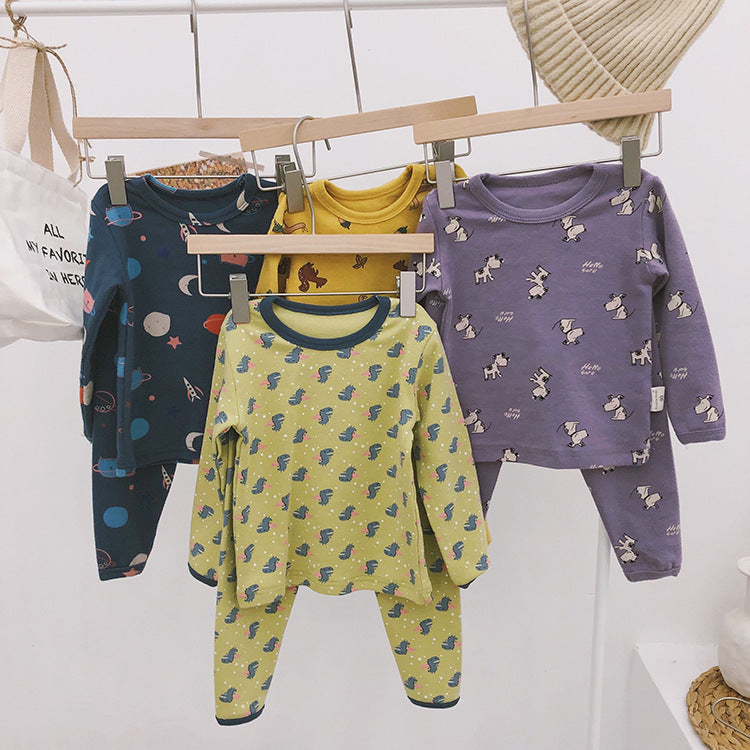 Children's autumn and winter boys and girls warm cartoon wool pull rack home clothes baby underwear brushed pajamas two-piece set