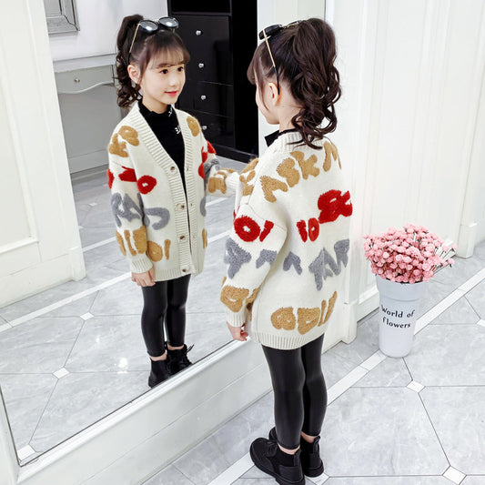 Girls Thick Sweater 2024 New Spring Children's Lengthened Knitted Sweater Little Girls Western Style Cardigan Jacket