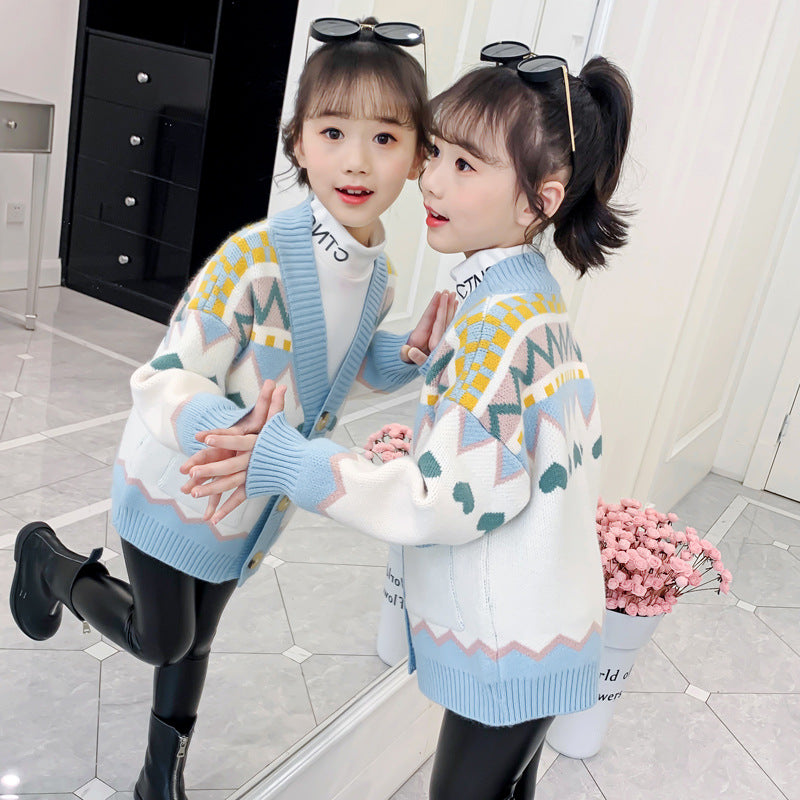 Girls Cardigan Sweater Winter Spring Autumn New Children's Western Style Knitted Sweater Jacket Little Girls Lengthened Thickened Sweater Trend