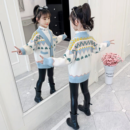 Girls Cardigan Sweater Winter Spring Autumn New Children's Western Style Knitted Sweater Jacket Little Girls Lengthened Thickened Sweater Trend