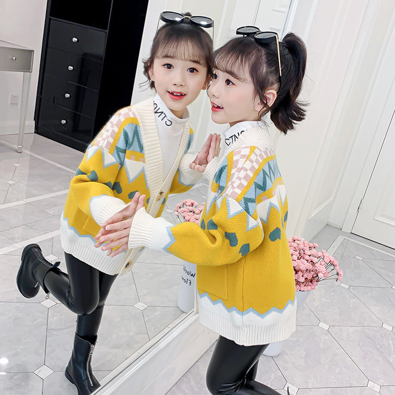 Girls Cardigan Sweater Winter Spring Autumn New Children's Western Style Knitted Sweater Jacket Little Girls Lengthened Thickened Sweater Trend