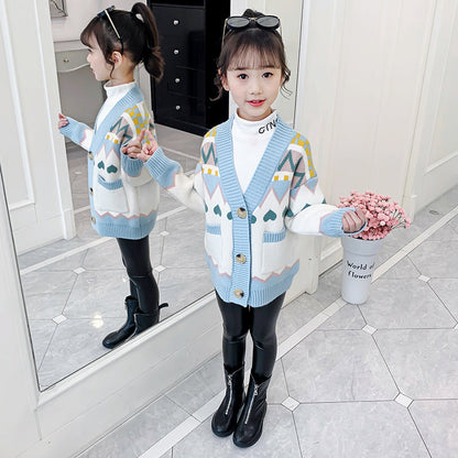 Girls Cardigan Sweater Winter Spring Autumn New Children's Western Style Knitted Sweater Jacket Little Girls Lengthened Thickened Sweater Trend