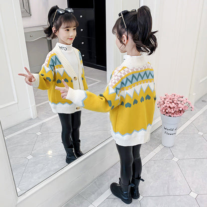 Girls Cardigan Sweater Winter Spring Autumn New Children's Western Style Knitted Sweater Jacket Little Girls Lengthened Thickened Sweater Trend