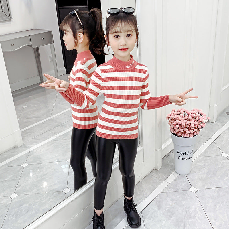 Girls sweater 2024 new style for middle and large children half turtleneck elastic close-fitting bottoming shirt versatile girls striped sweater