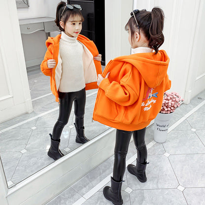 Girls Plush Sweater 2024 New Winter Clothes Stylish Children's Thickened Hooded Pullover Jacket Tops