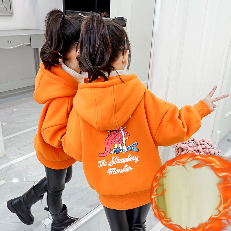 Girls Plush Sweater 2024 New Winter Clothes Stylish Children's Thickened Hooded Pullover Jacket Tops