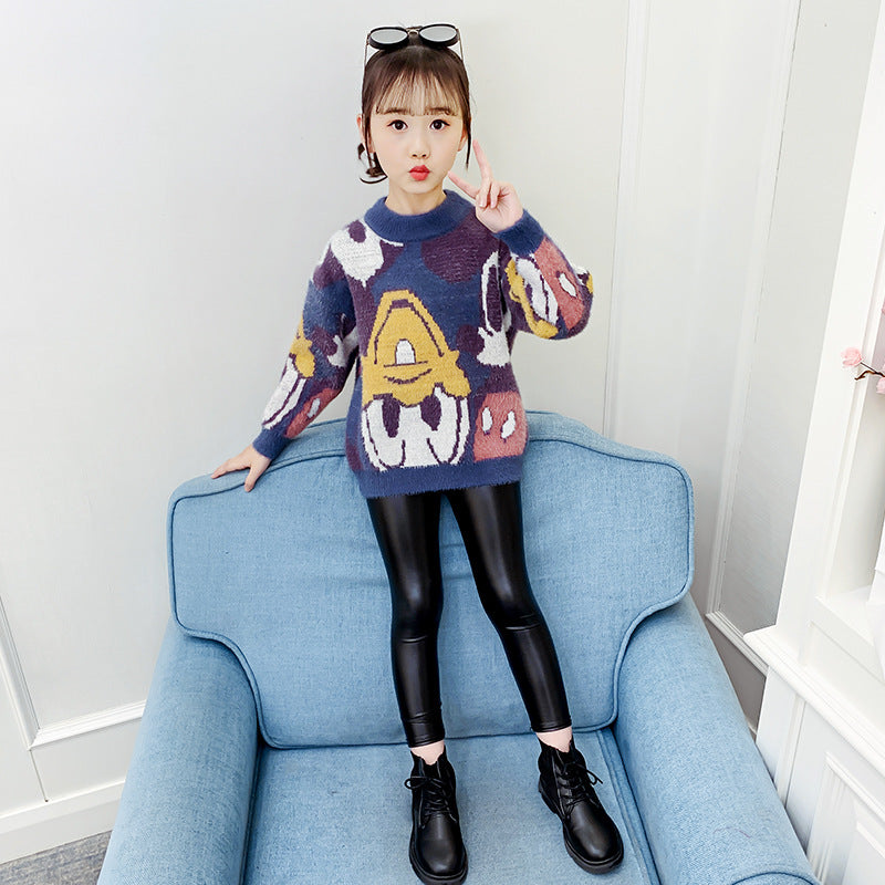 Girls sweater 2024 new winter clothes for middle and large children cartoon suit head bottom fashionable mink velvet thickened knitted sweater