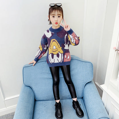 Girls sweater 2024 new winter clothes for middle and large children cartoon suit head bottom fashionable mink velvet thickened knitted sweater