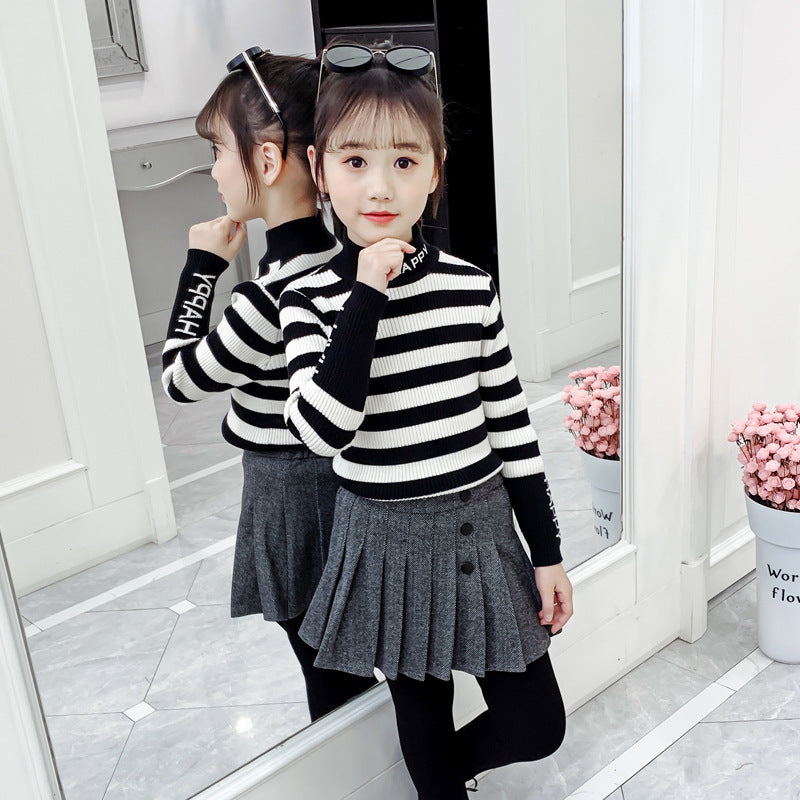 Girls sweater 2024 new style for middle and large children half turtleneck elastic close-fitting bottoming shirt versatile girls striped sweater