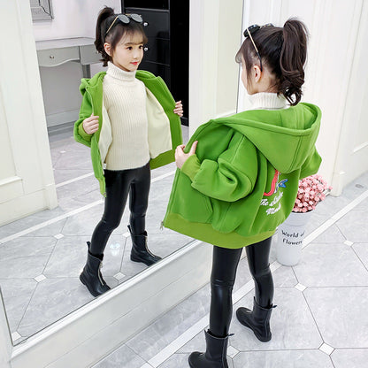 Girls Plush Sweater 2024 New Winter Clothes Stylish Children's Thickened Hooded Pullover Jacket Tops