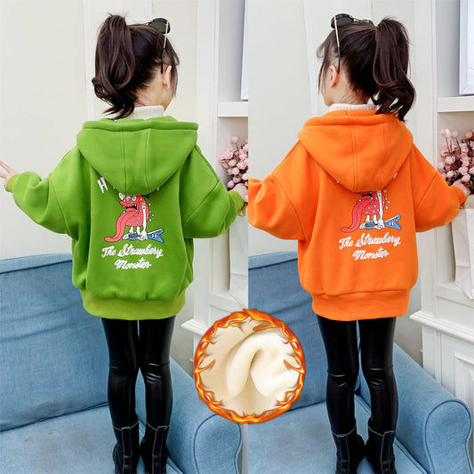 Girls Plush Sweater 2024 New Winter Clothes Stylish Children's Thickened Hooded Pullover Jacket Tops