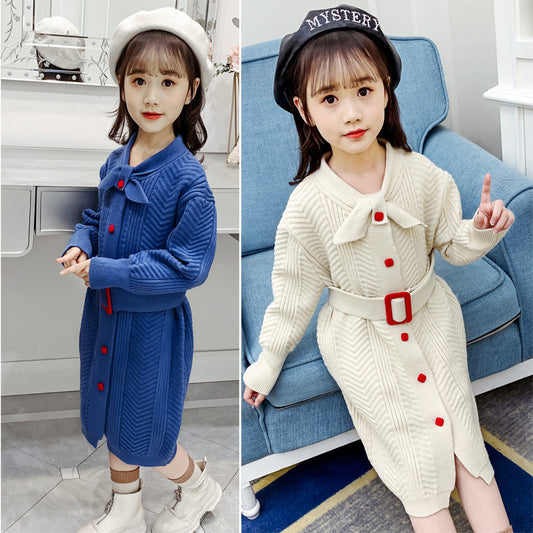 Girls sweater dress 2024 new style for middle and large children stylish long-sleeved knitted skirt girls waist princess skirt trend