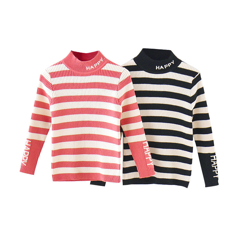 Girls sweater 2024 new style for middle and large children half turtleneck elastic close-fitting bottoming shirt versatile girls striped sweater